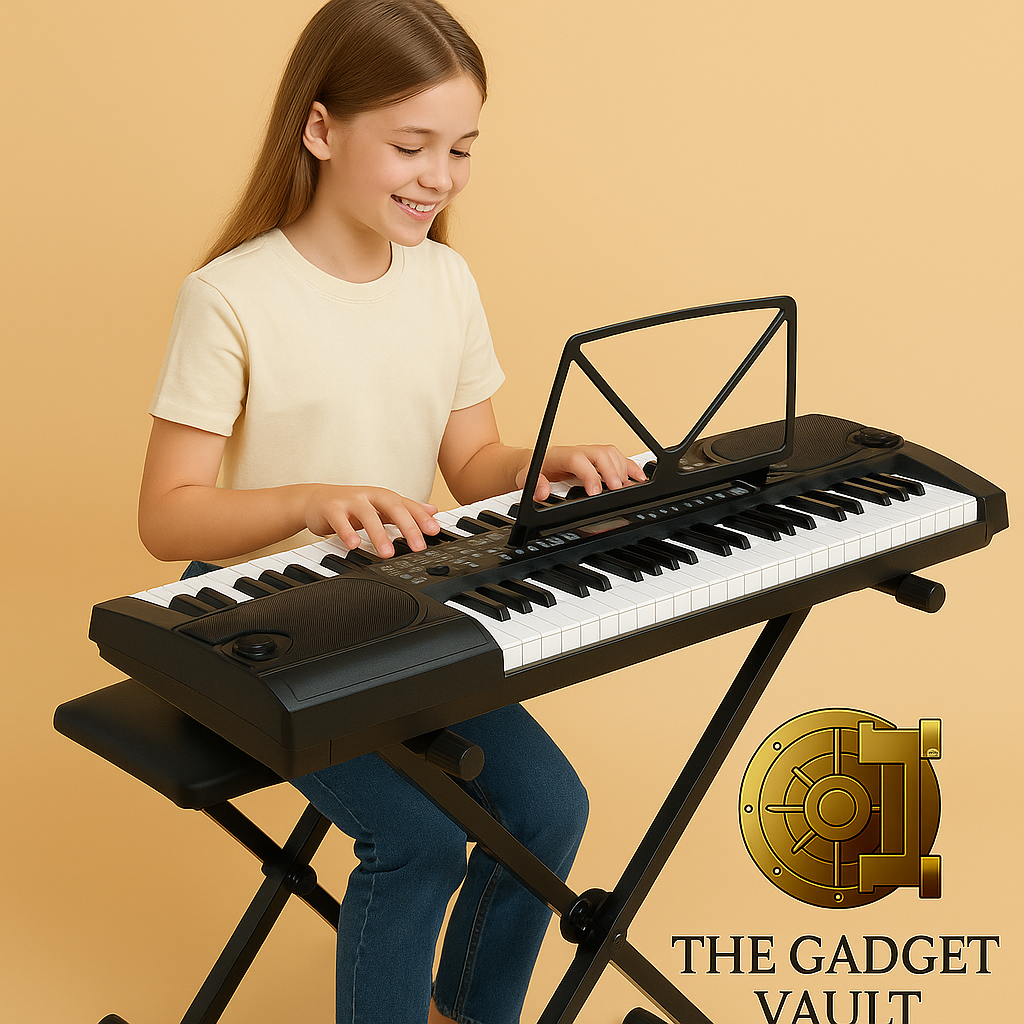 Tienermeisje speelt enthousiast op een zwarte elektronische keyboard met 61 verlichte toetsen, omringd door een warme beige achtergrond en het subtiele kluislogo van The Gadget Vault.