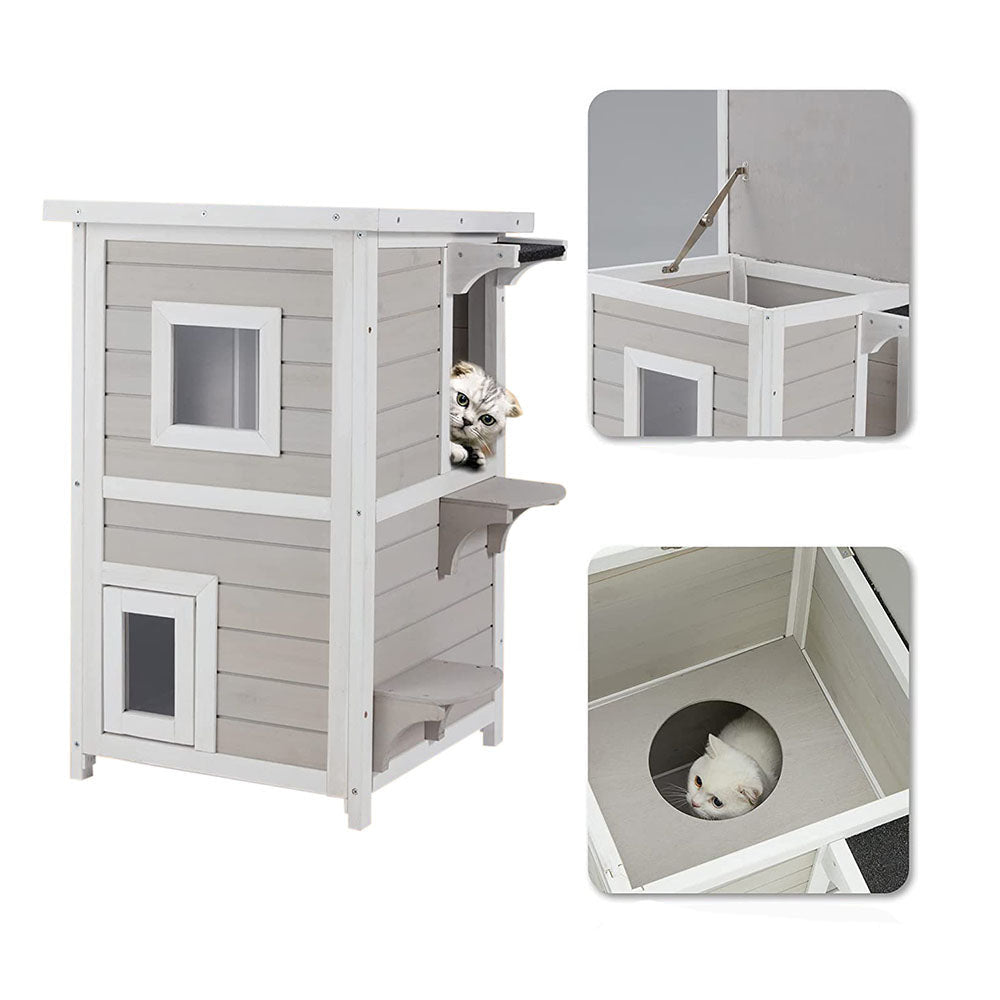 Luxe 2-verdiepingen Kattenhuis met Waterdicht Dak en Ramen