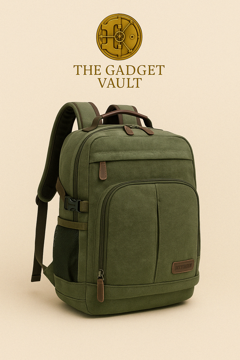 Olijfgroene canvas rugzak met meerdere vakken, bruine lederen accenten en verstevigde schouderbanden, gepresenteerd op een beige achtergrond met goud logo van The Gadget Vault.