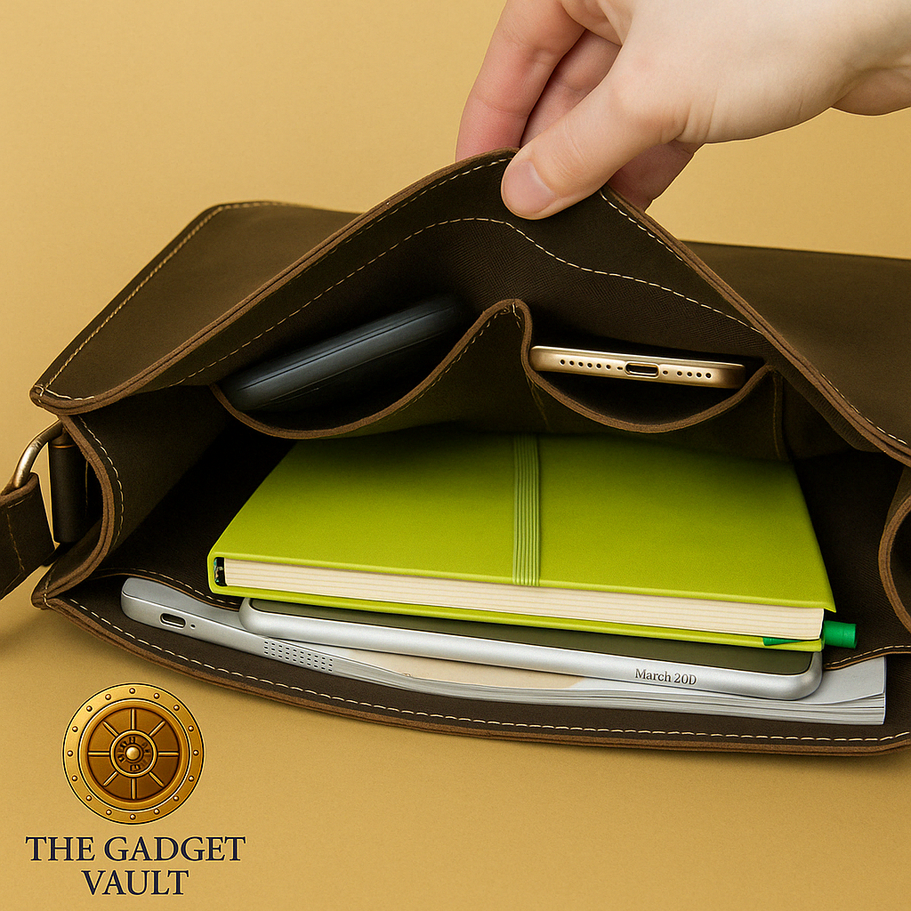 Binnenaanzicht van een open Crazy Horse leren tas met vakken waarin een groene notitieboek, tablet, smartphone en tijdschrift netjes zijn opgeborgen. De tas is afgebeeld op een goudgele achtergrond met het logo van The Gadget Vault linksonder.