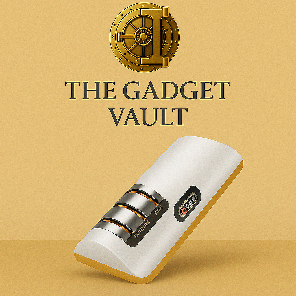 Digitale productafbeelding van een elektrische messenslijper in luxe goud-witte uitvoering, gepresenteerd op een stijlvolle achtergrond met het volledige gouden kluislogo van The Gadget Vault bovenaan.