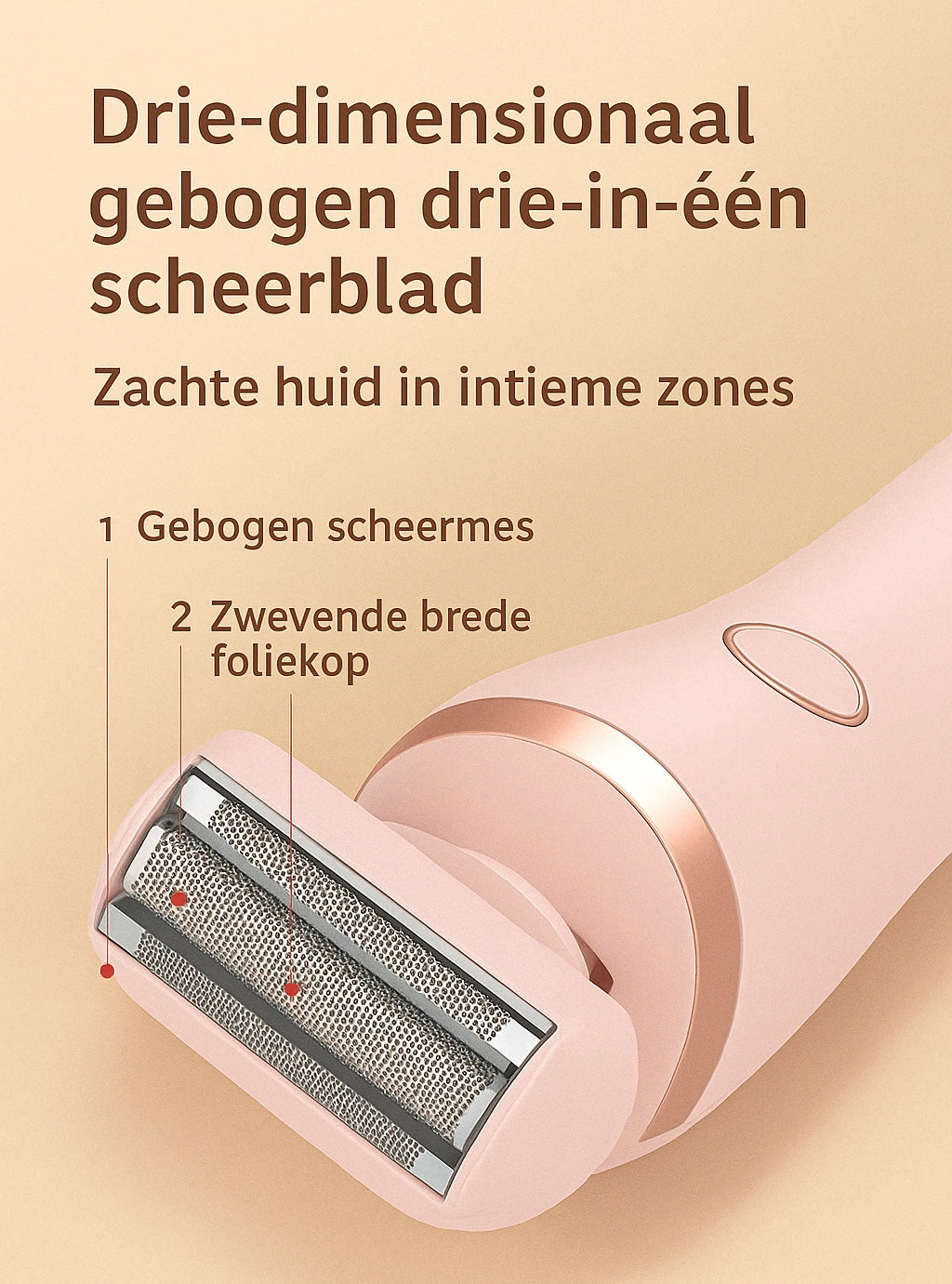 “Productvisualisatie van het Venus 2-in-1 Ladyscheerapparaat met LED-scherm en opbergtas in oceaanblauw met felrode rits, gepresenteerd in luxe stijl op een beige en goudkleurige achtergrond met The Gadget Vault-logo.”