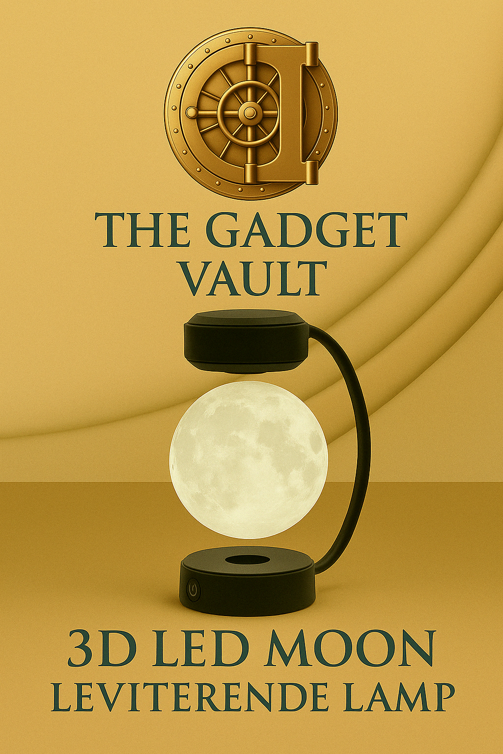 Stijlvolle digitale visualisatie van een luxe 3D LED maanlamp met draadloze magnetische zweeffunctie op zwarte standaard, perfect voor modern interieur of kantoor, afgebeeld in goud/beige brandingstijl van The Gadget Vault.