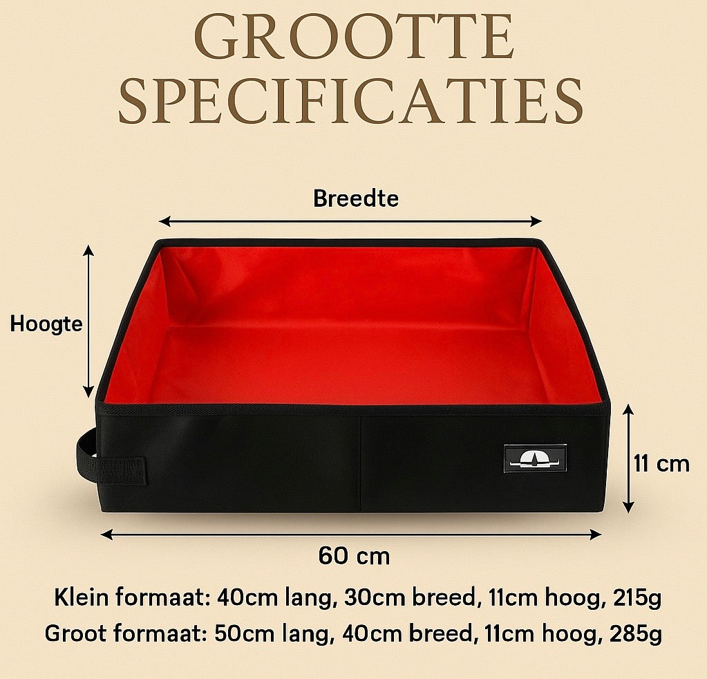 Afbeelding van een opvouwbare, waterdichte kattenbak in rood met zwarte buitenzijde, voorzien van Nederlandstalige afmetingen: 40×30×11 cm (klein) en 50×40×11 cm (groot).
