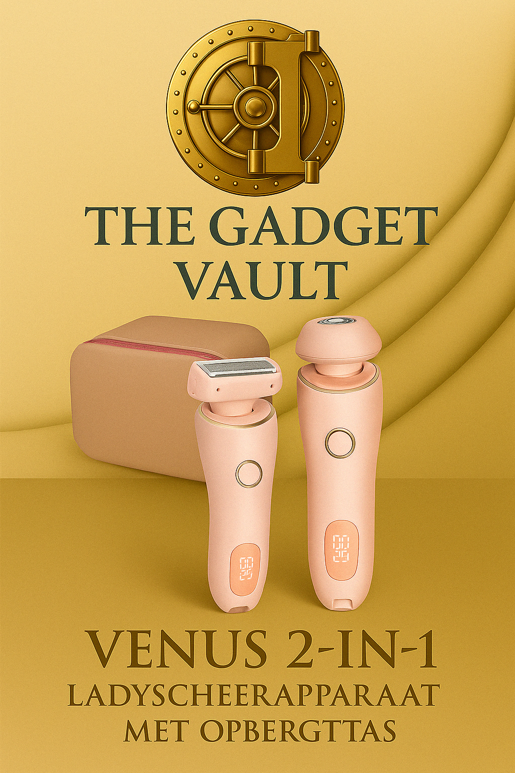 Digitale productvisual van de Venus 2-in-1 Ladyscheerapparaat met LED-display, afgebeeld samen met een stijlvol beige opbergtasje met roze rits – een elegante verzorgingsoplossing aangeboden door The Gadget Vault.