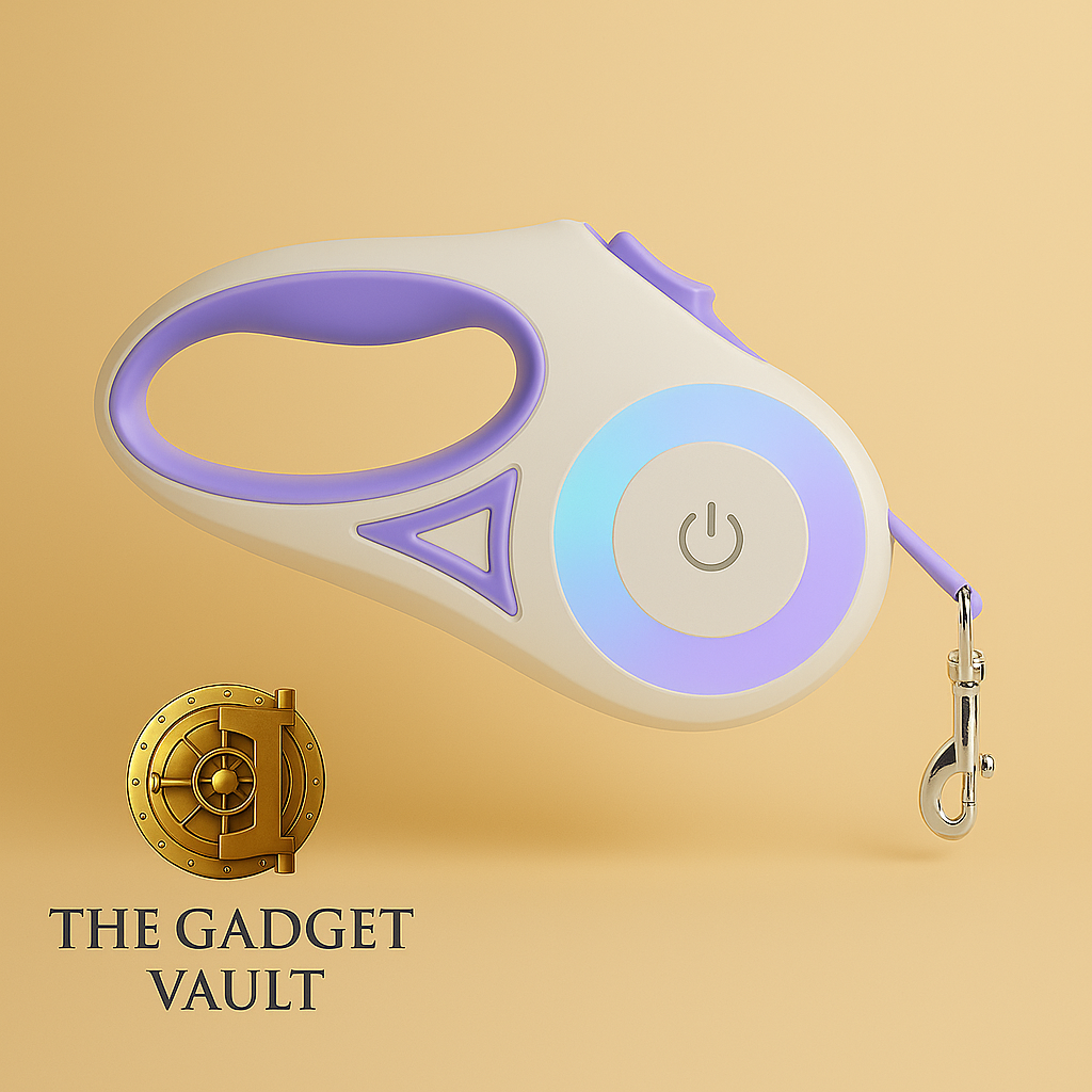 Automatische uitschuifbare hondenriem met LED-verlichting en ergonomische handgreep in pastelpaars, gepresenteerd op een luxe beige achtergrond met The Gadget Vault-logo.