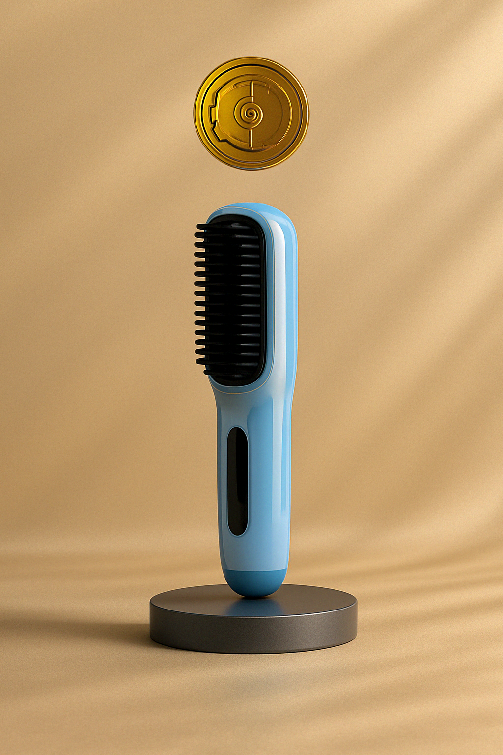 Luxe productvisual van een draadloze 2-in-1 stijltangborstel in ijsblauw, elegant gepresenteerd op een beige achtergrond met gouden kluislogo van The Gadget Vault. Ideaal voor mobiel en desktop weergave.