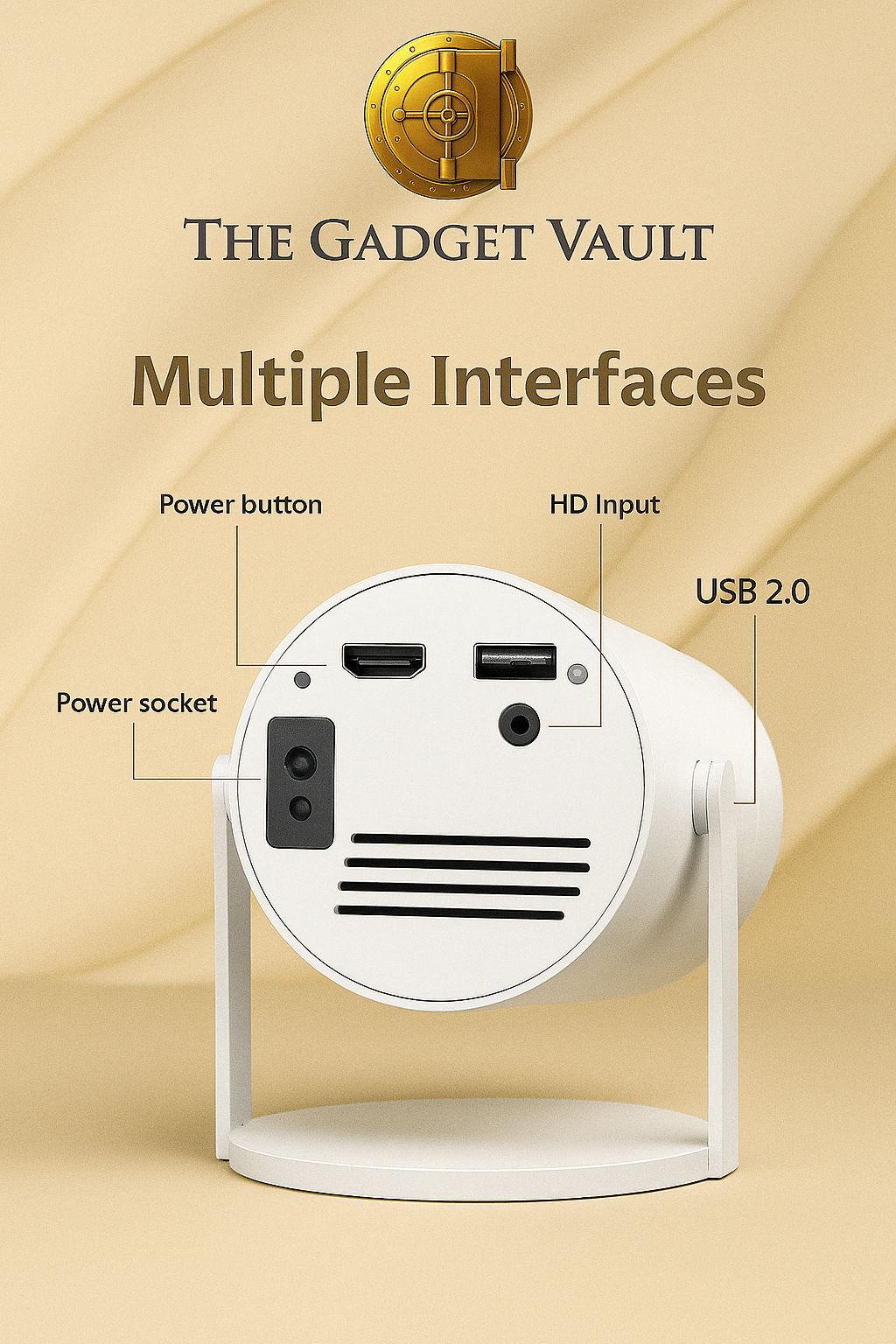 “Stijlvolle promotieafbeelding van een witte smart projector met optische lens en app-iconen, gepresenteerd op een beige-gouden achtergrond met The Gadget Vault-logo in premium designstijl.”