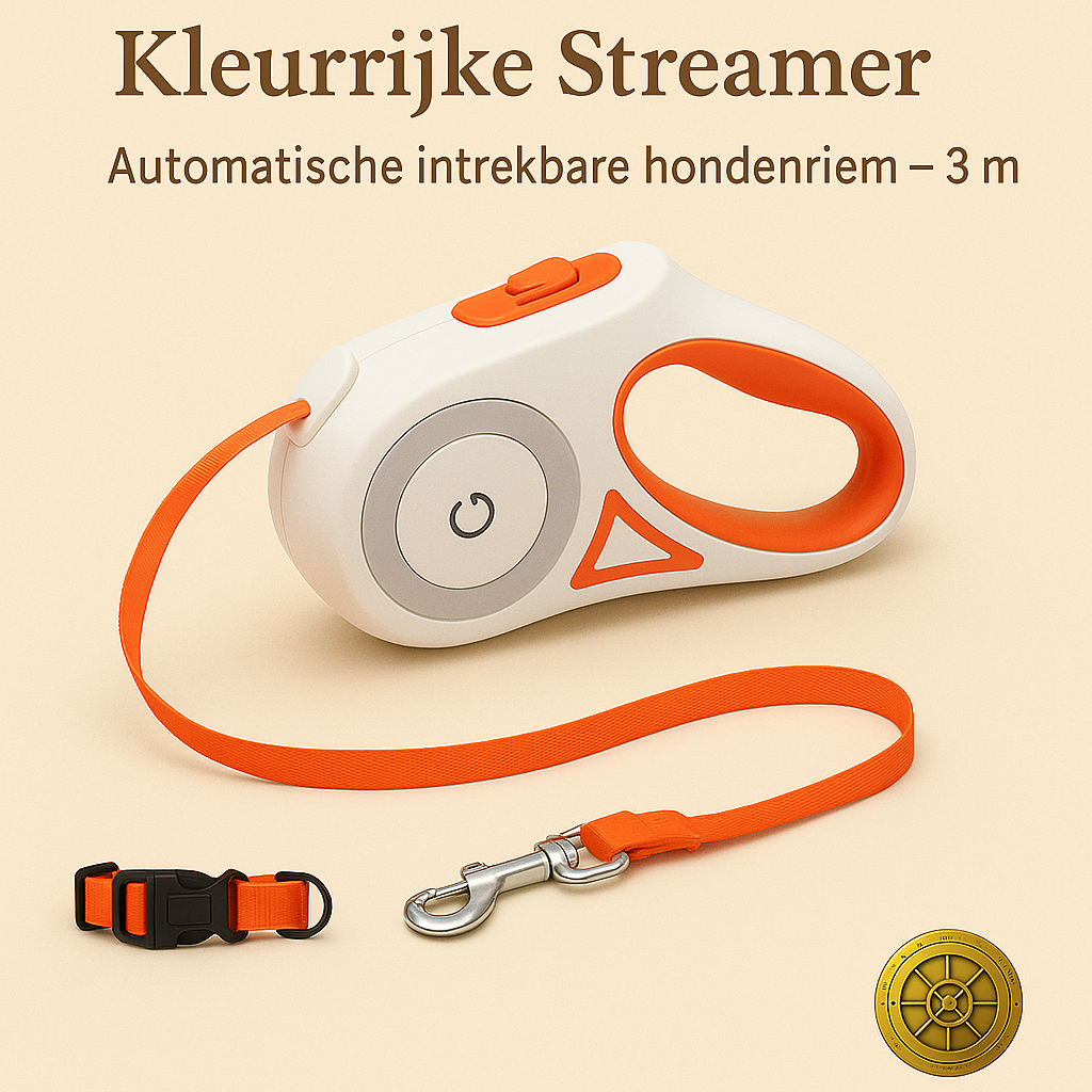 Witte automatische intrekbare hondenriem met oranje accenten en bijpassende halsband, gepresenteerd op een warme beige achtergrond met luxe gouden kluislogo van The Gadget Vault.