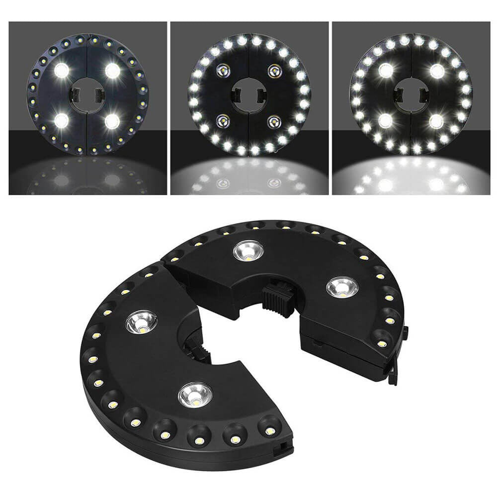 Vergelijking van de drie verlichtingsstanden van de LED-parasollamp met 28 leds, in halve en gesloten vorm – moderne sfeeroplossing.