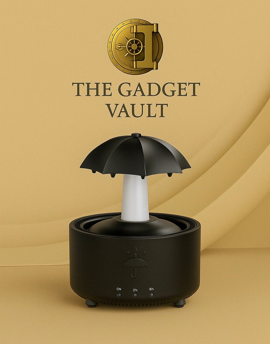 Zwarte aromatherapie-luchtbevochtiger in de vorm van een paraplu op witte achtergrond, met elegante bedieningselementen onderaan. Luxe design voor thuis of kantoor.
