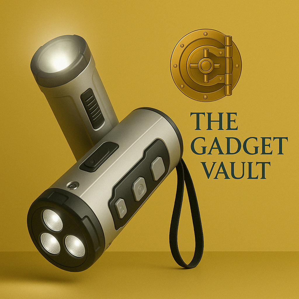 Twee zilverkleurige multifunctionele zaklampen met zwarte accenten en polsbandje, stijlvol gepresenteerd tegen een goudgele achtergrond met het logo van The Gadget Vault in donkergrijs en een ronde kluisdeur rechtsboven.