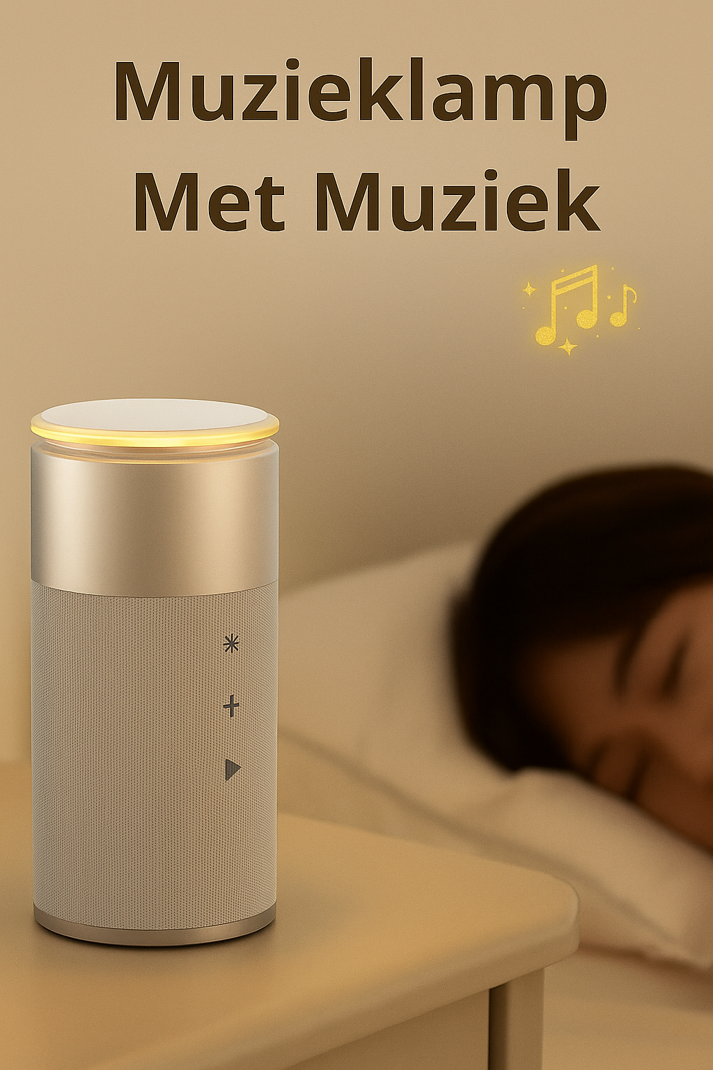 Vrouw slaapt rustig in bed met de LumiDock™ 3-in-1 speakerlamp op het nachtkastje, voorzien van zacht warm licht en geïntegreerde Bluetooth speaker.