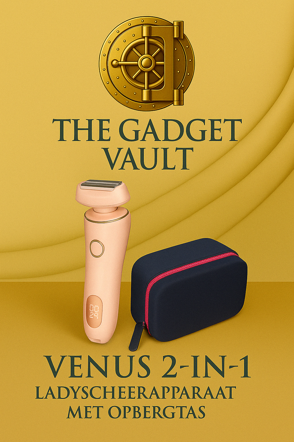Digitale productvisualisatie van de Venus 2-in-1 Ladyscheerapparaat in lichtroze met een stijlvolle donkerblauwe opbergtas, gepresenteerd op een luxe goudkleurige achtergrond met het log