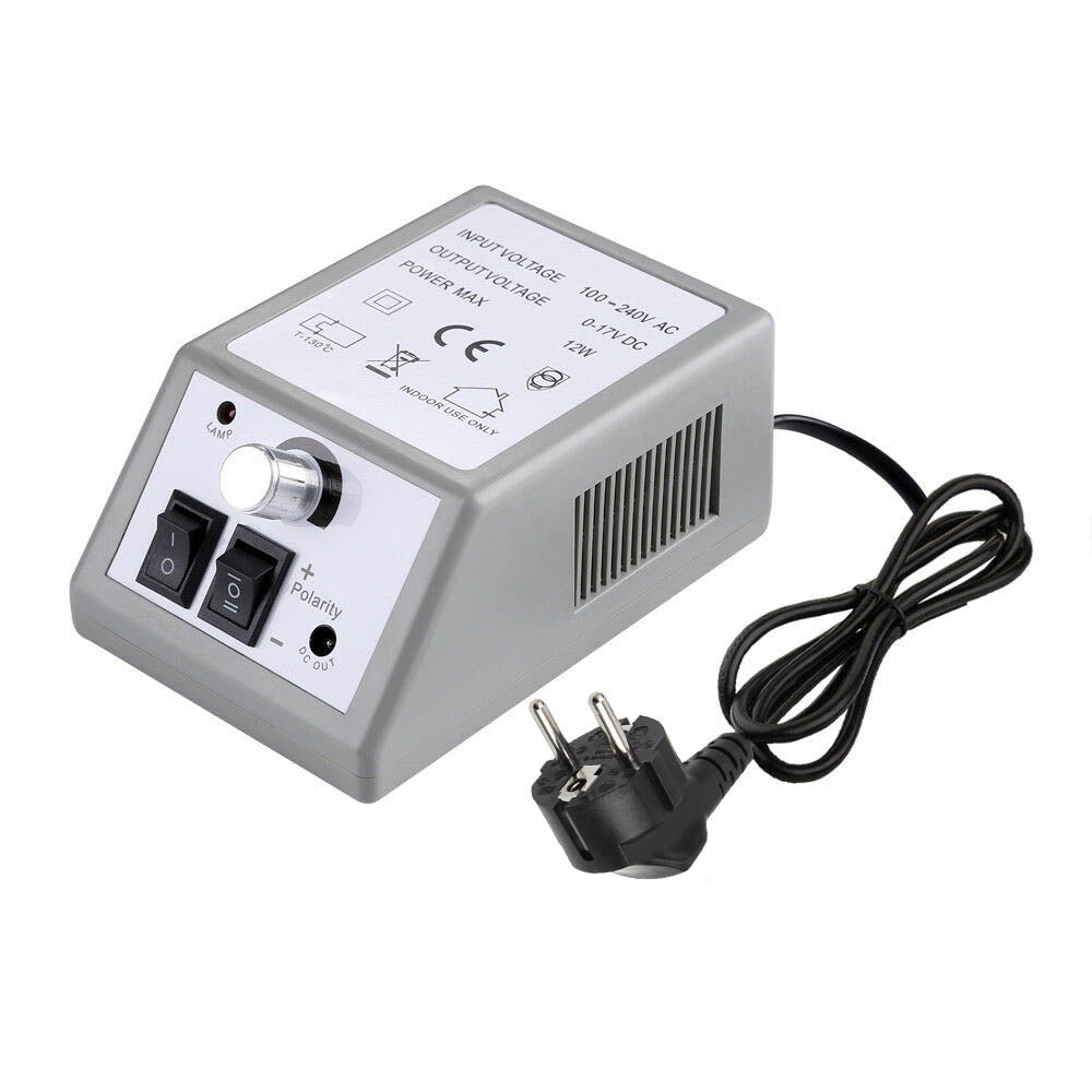 Grijze voedingseenheid met draaiknop en aan/uit-schakelaars voor elektrische nagelfrees.