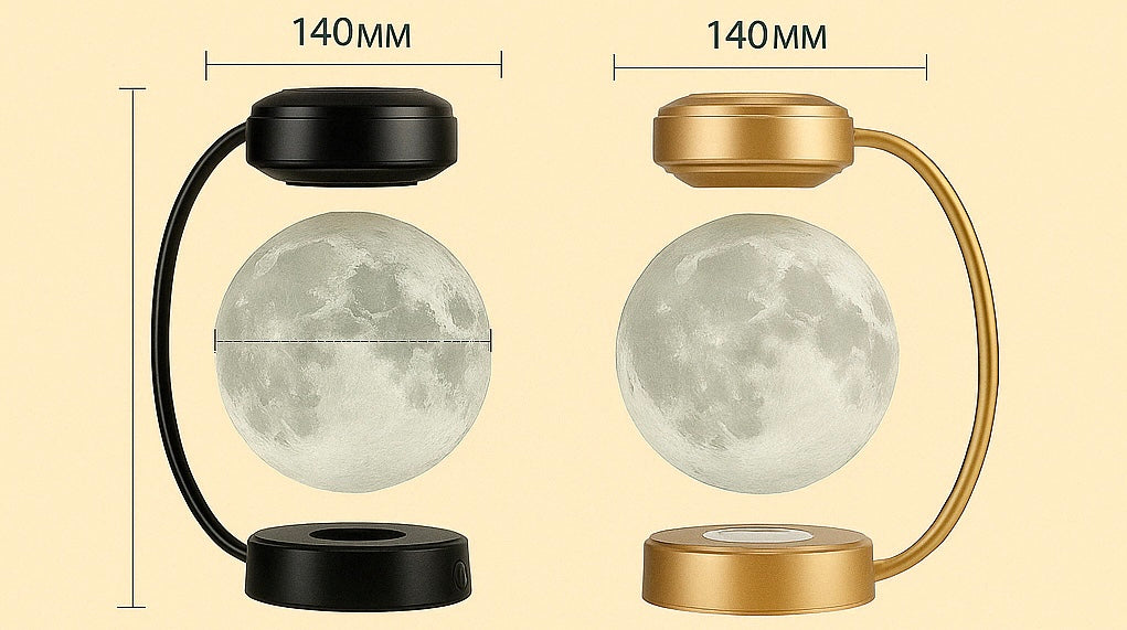 Afbeelding toont twee zwevende maanlampen met magnetische levitatie, één in zwart en één in goud, gemonteerd op gebogen standaards met een hoogte van 260 mm. De maanvormige lampen zweven tussen een ronde basis en bovenste houder, zichtbaar met afmetingen in millimeters.