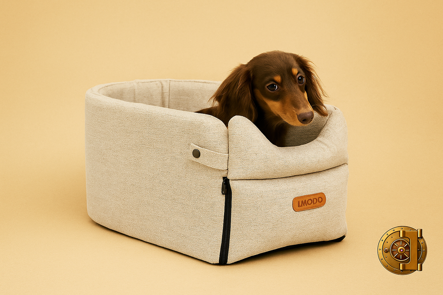 Kleine bruine langharige hond in beige hondenautostoel met origineel label ‘LMODO’, op warme achtergrond met subtiel goud kluislogo van The Gadget Vault rechtsonder.