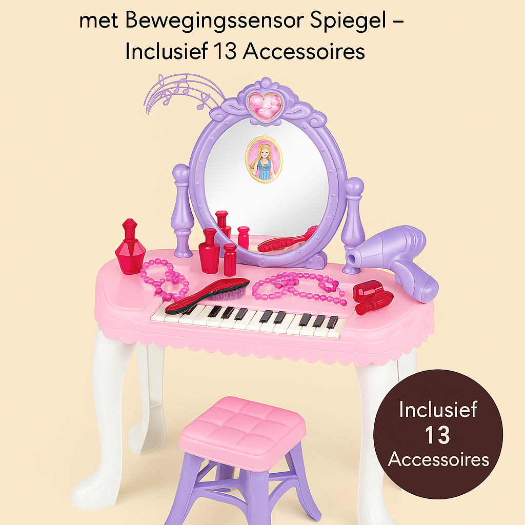 2-in-1 speelgoed kaptafel en piano met spiegel en accessoires voor kinderen – roze en paars ontwerp met muziekfunctie en krukje