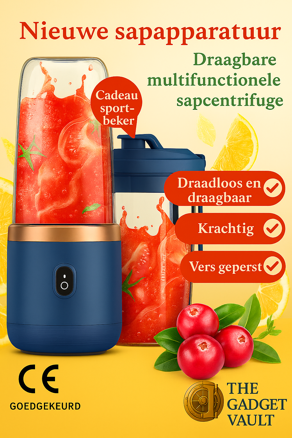 Promotionele visual van een draagbare multifunctionele sapcentrifuge in donkerblauw met koperen accenten, gevuld met vers sap. De blender wordt gepresenteerd met een sportbeker, cranberry’s en het logo van The Gadget Vault op een goud/beige achtergrond. CE-goedkeuringsbadge is zichtbaar voor productveiligheid.