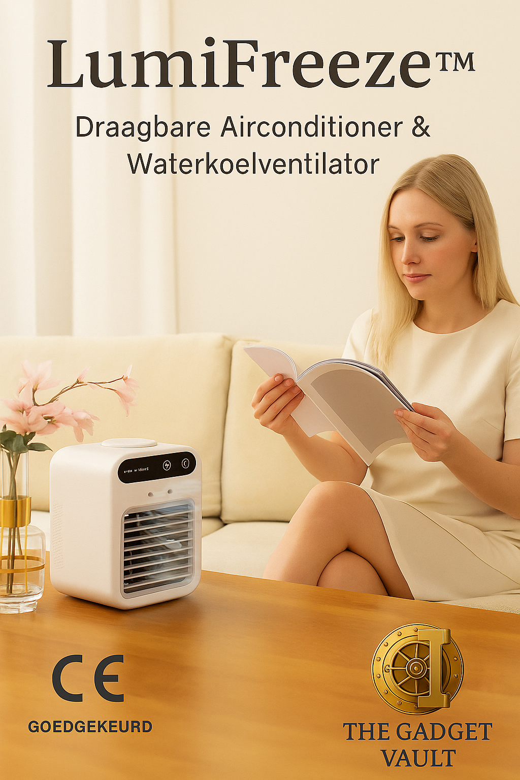Een blonde vrouw leest ontspannen een tijdschrift op een crèmekleurige sofa, terwijl de LumiFreeze™ mini airconditioner stilletjes koele lucht verspreidt op een houten salontafel. Het stijlvolle ontwerp past naadloos in het moderne interieur.
