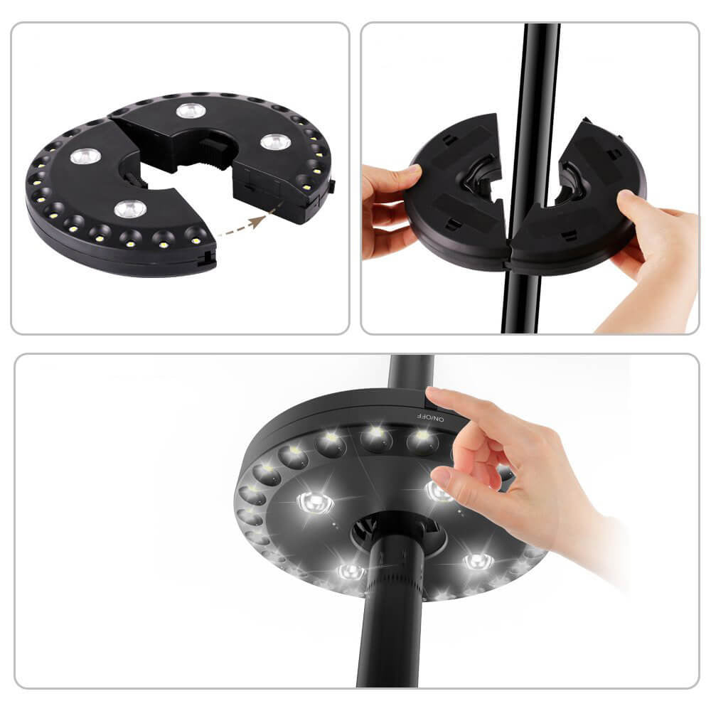 Montageproces van de ronde LED-parasollamp in twee helften op een parasolstang, met zicht op de aanraakbediening – luxueuze functionaliteit.