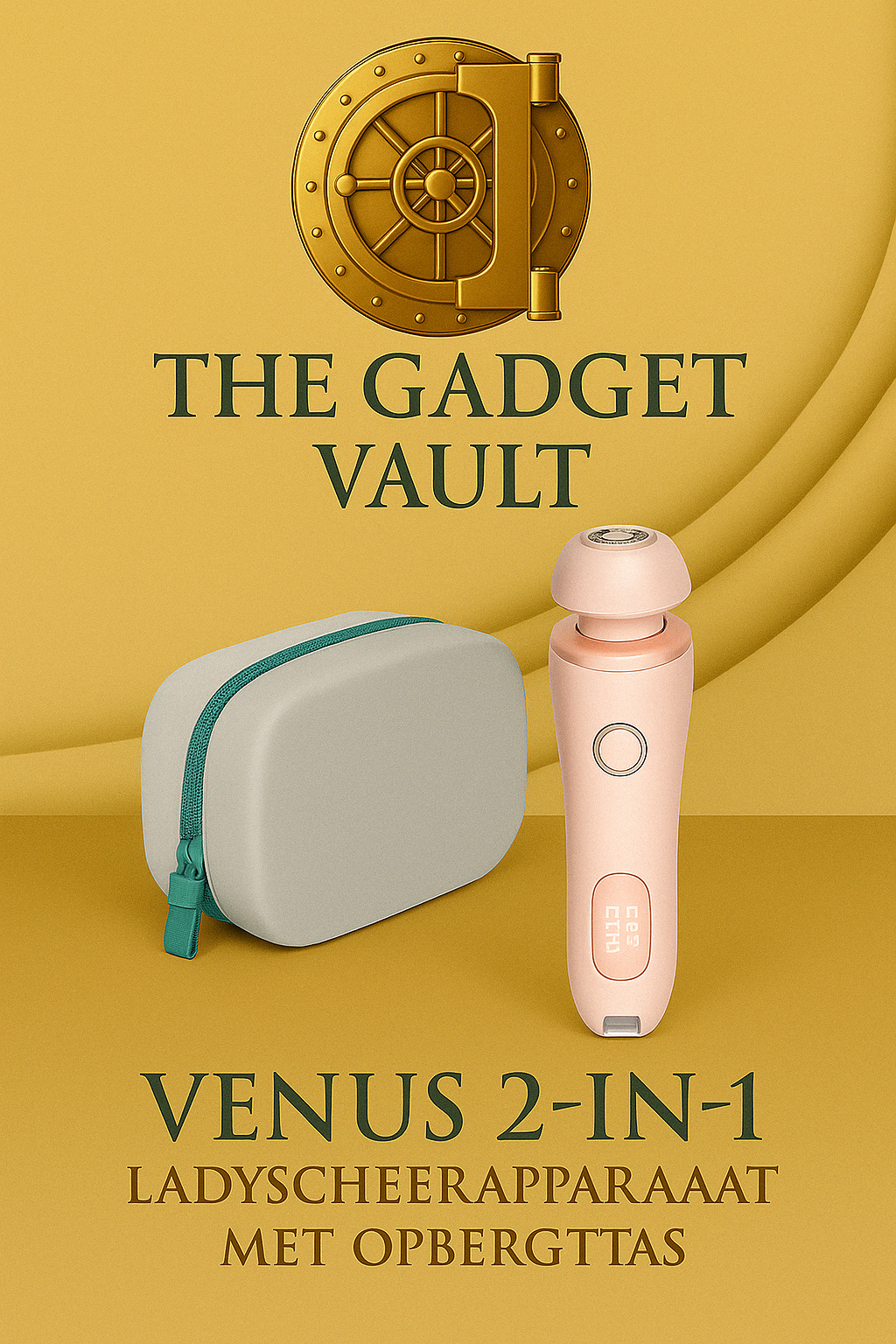 Digitale promotieafbeelding van het product Venus 2-in-1 Ladyscheerapparaat met opbergtas van The Gadget Vault. Afgebeeld is een zachtroze elektrisch scheerapparaat naast een stijlvolle grijs-groene opbergtas, gepresenteerd tegen een luxe goudkleurige achtergrond met het kluislogo van The Gadget Vault bovenaan.