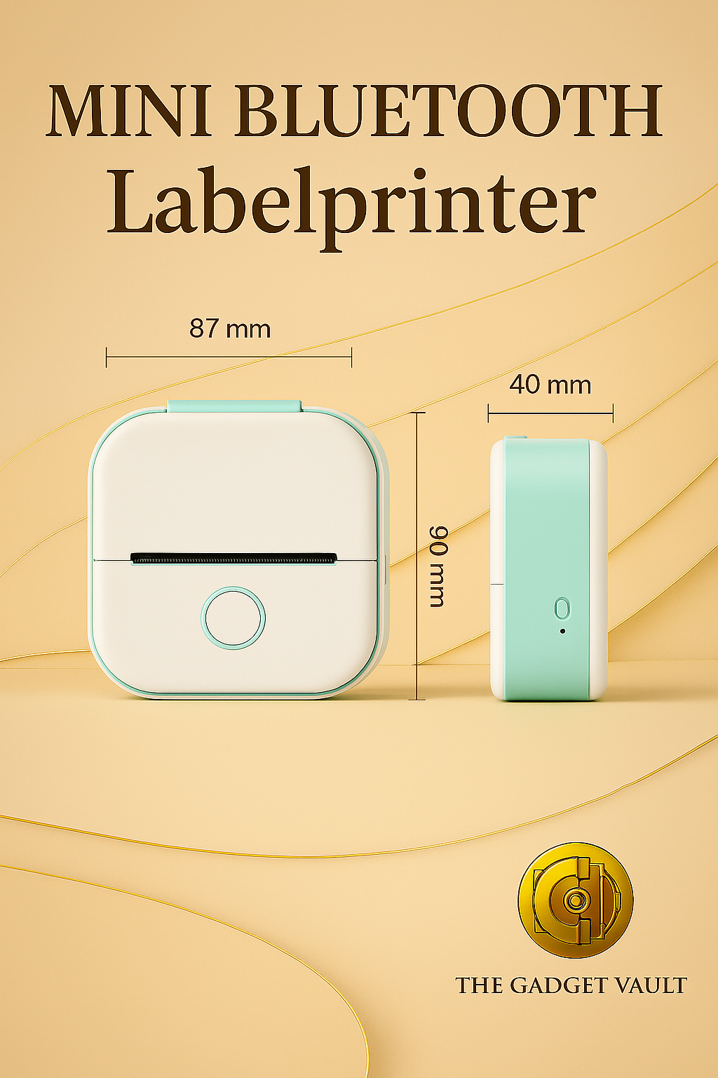 Mintgroene mini Bluetooth labelprinter met compacte afmetingen (87x90x40mm), ideaal voor mobiel gebruik en compatibel met smartphones via Bluetooth.