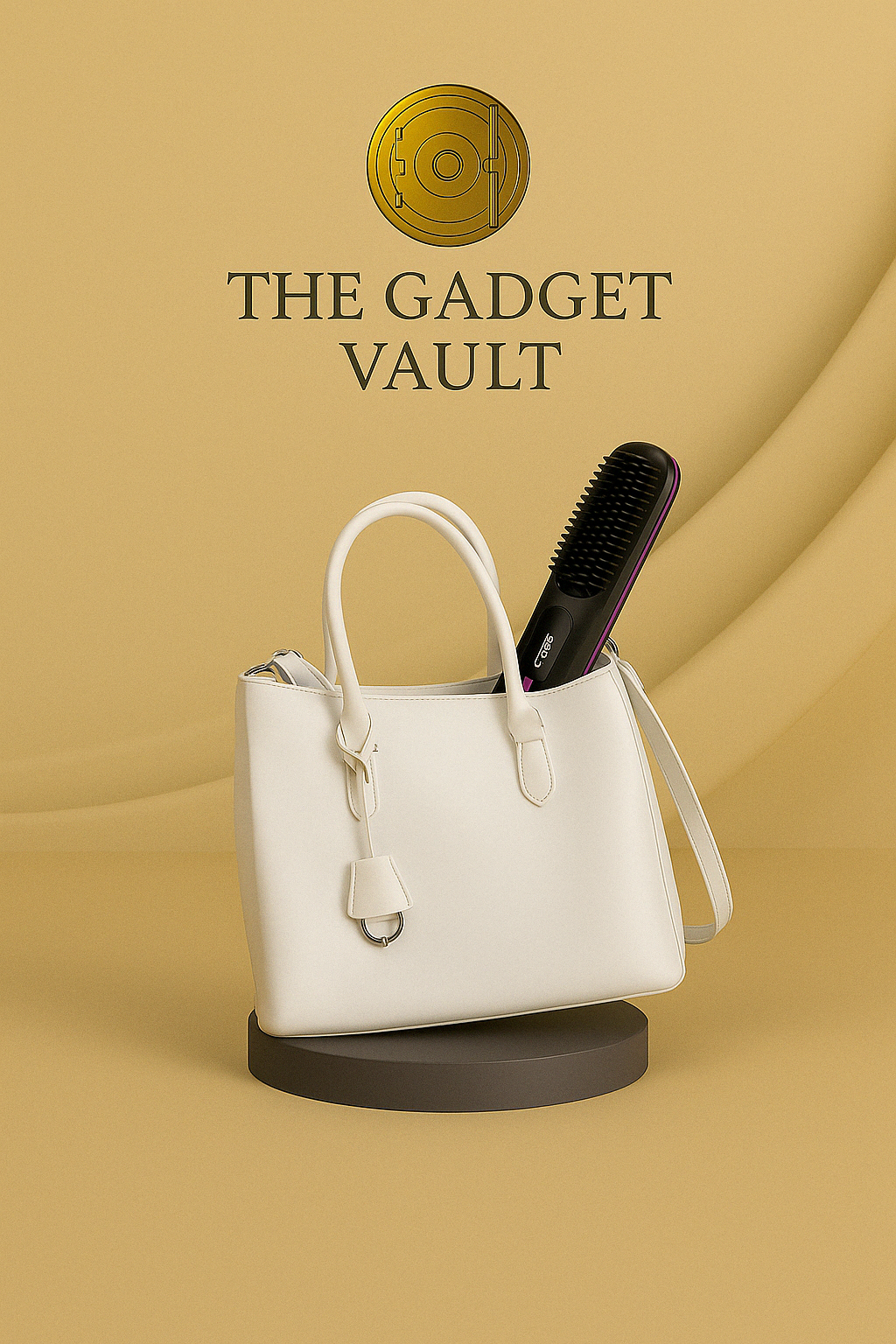 Een witte handtas met verschillende beautyproducten, waaronder een zwarte draadloze haarstijlborstel met paarse accenten van The Gadget Vault, stijlvol gepresenteerd tegen een luxe goud/grijze achtergrond.