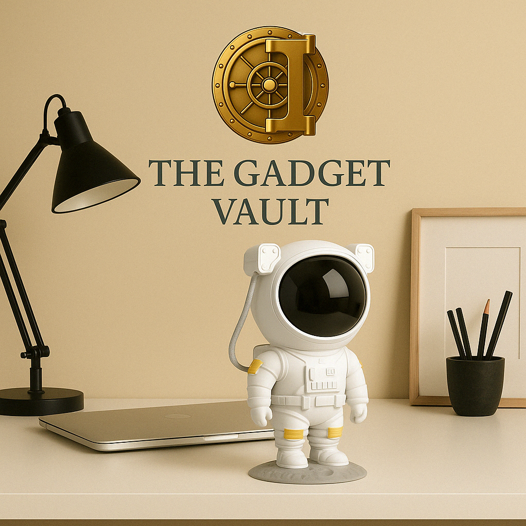 Witte astronaut projector als decoratief element op een stijlvol wit bureau, met luxe beige achtergrond en het officiële kluislogo van The Gadget Vault subtiel in de rechterbovenhoek.