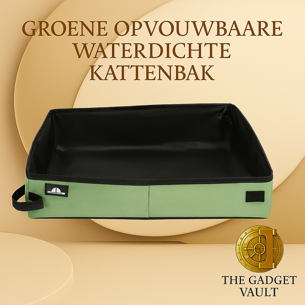 Afbeelding van een groene, opvouwbare kattenbak van waterdichte Oxford-stof, rechthoekig van vorm met zwarte binnenkant en draaglus aan de zijkant – geschikt voor katten en ideaal voor reizen of dagelijks gebruik.