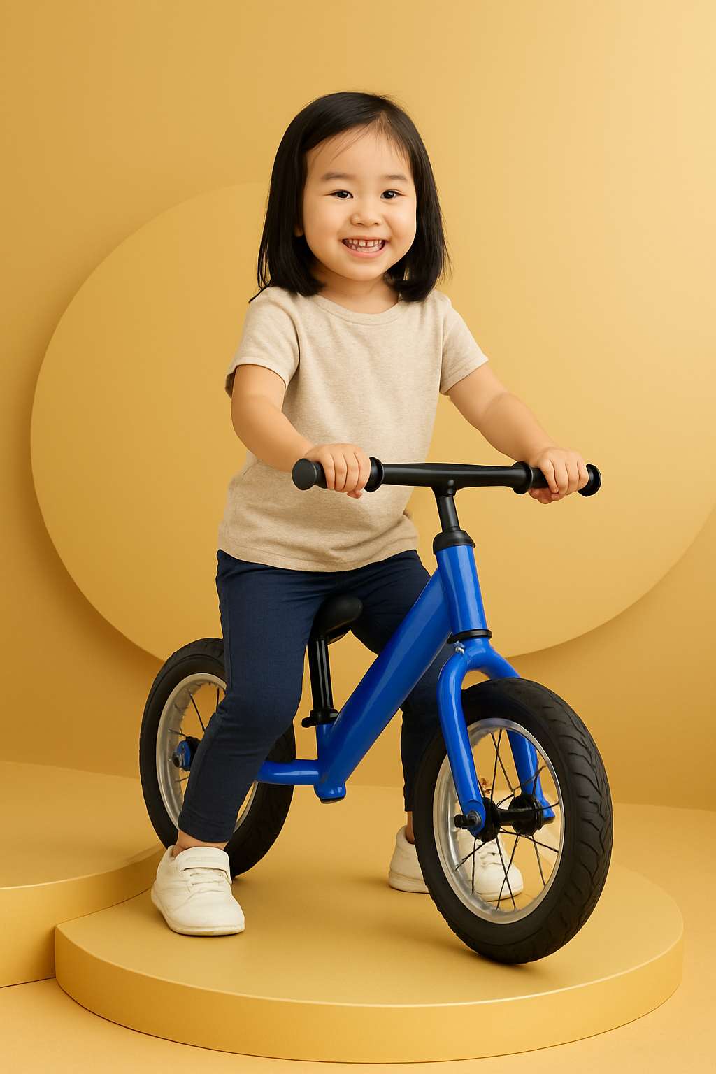 Lachend Aziatisch meisje rijdt op een blauwe loopfiets, geplaatst op een beige podium met een warme gouden achtergrond, perfect in balans en vol zelfvertrouwen.