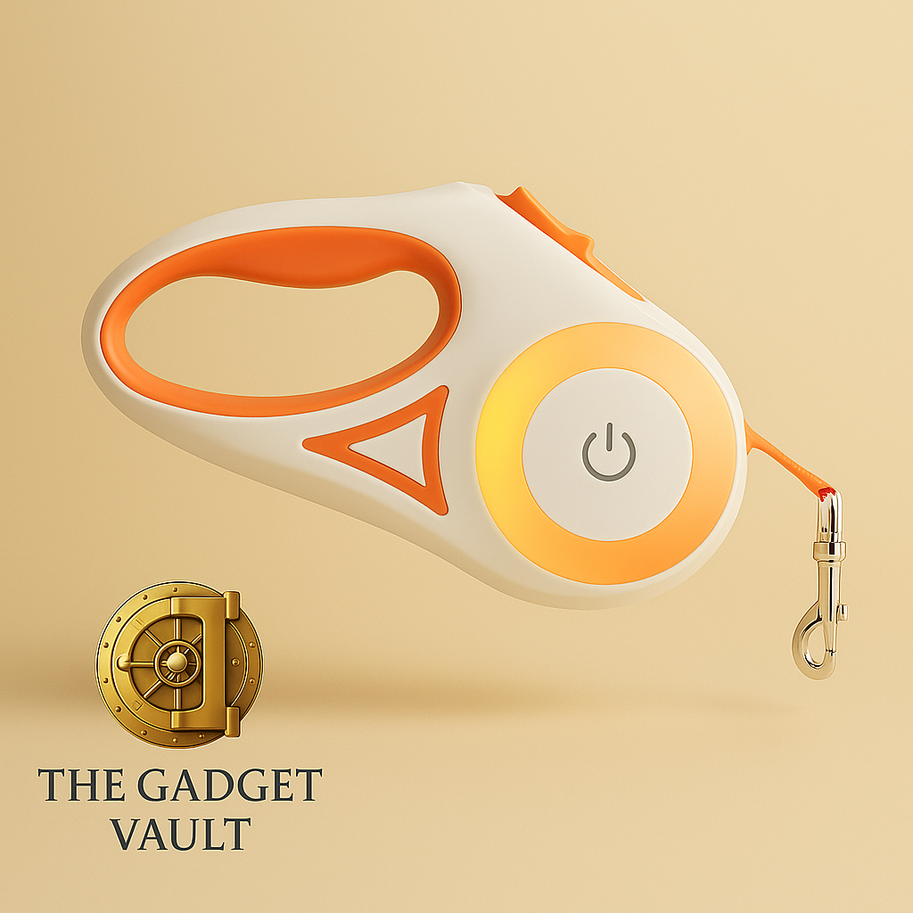 “Luxe automatische hondenriem met paarse accenten en LED-verlichting, gepresenteerd op een beige achtergrond met het gouden kluislogo van The Gadget Vault.”
