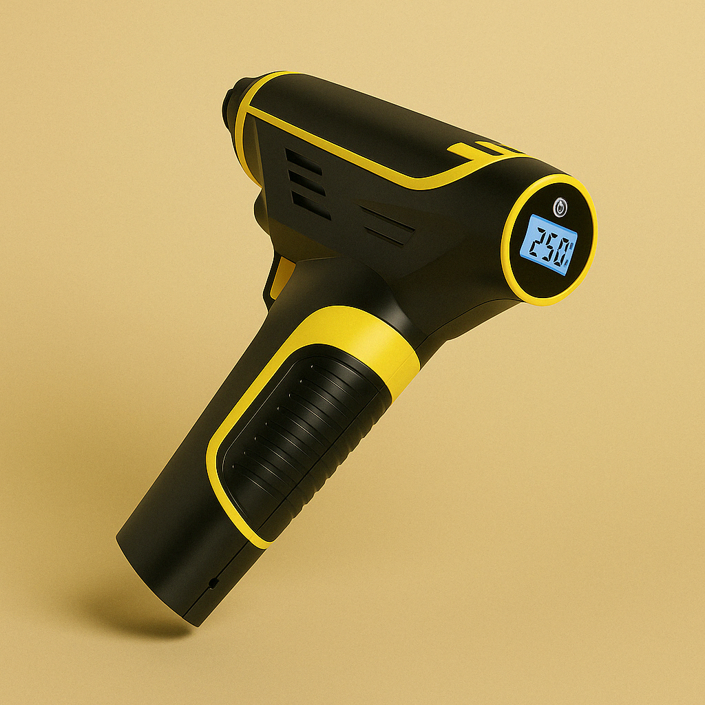 Close-up van een draagbare digitale luchtcompressor met LED-display en ergonomisch handvat, in zwart-gele uitvoering – perfect voor het oppompen van autobanden, sportartikelen en meer.