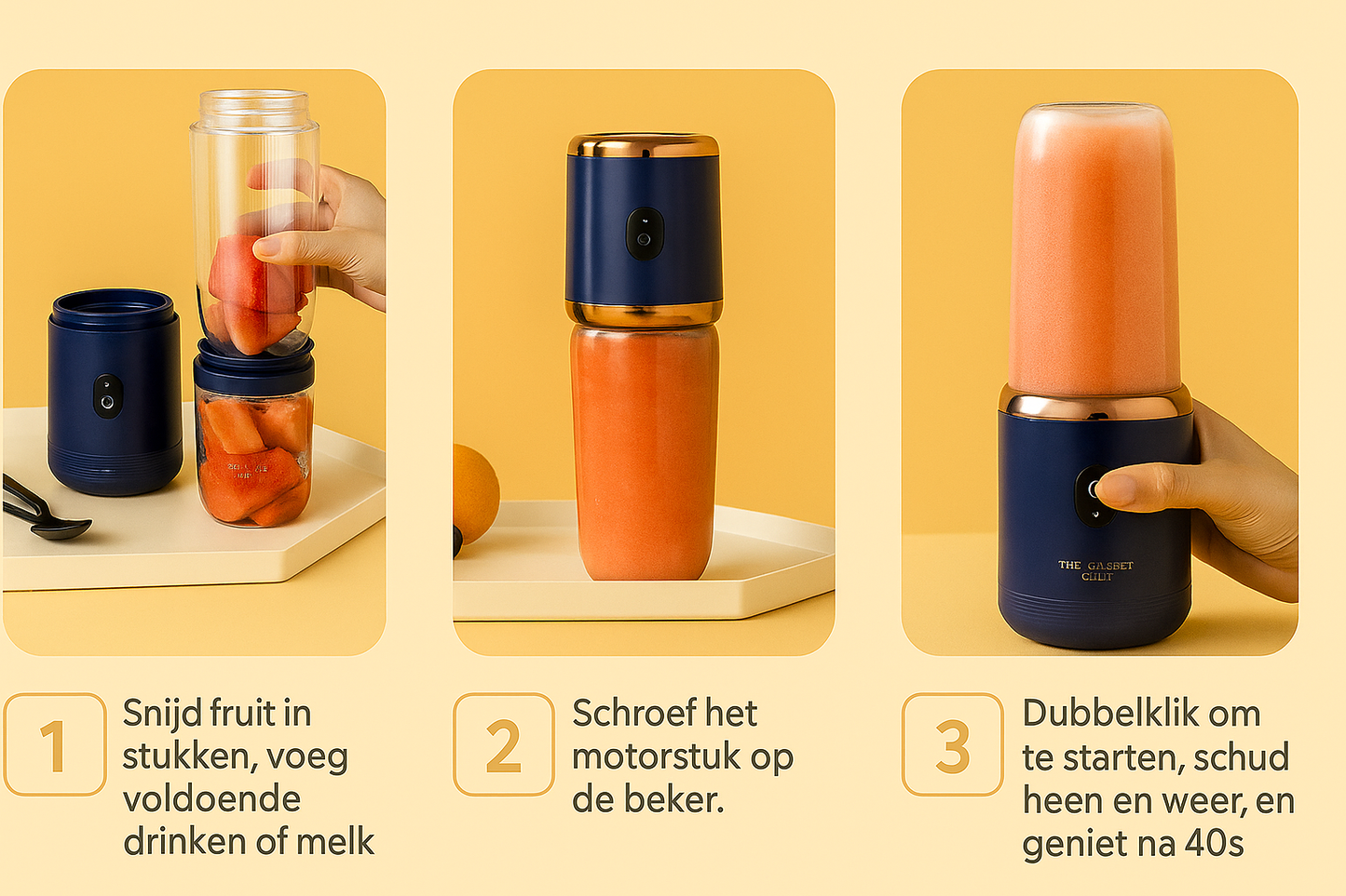 Drie stap-voor-stap afbeeldingen tonen een luxe draagbare blender in marineblauw met gouden accenten, gevuld met vers fruit. De stappen tonen het toevoegen van ingrediënten, het bevestigen van de motorunit en het starten van de blender. Achtergrond in beige/gouden brandingstijl van The Gadget Vault.