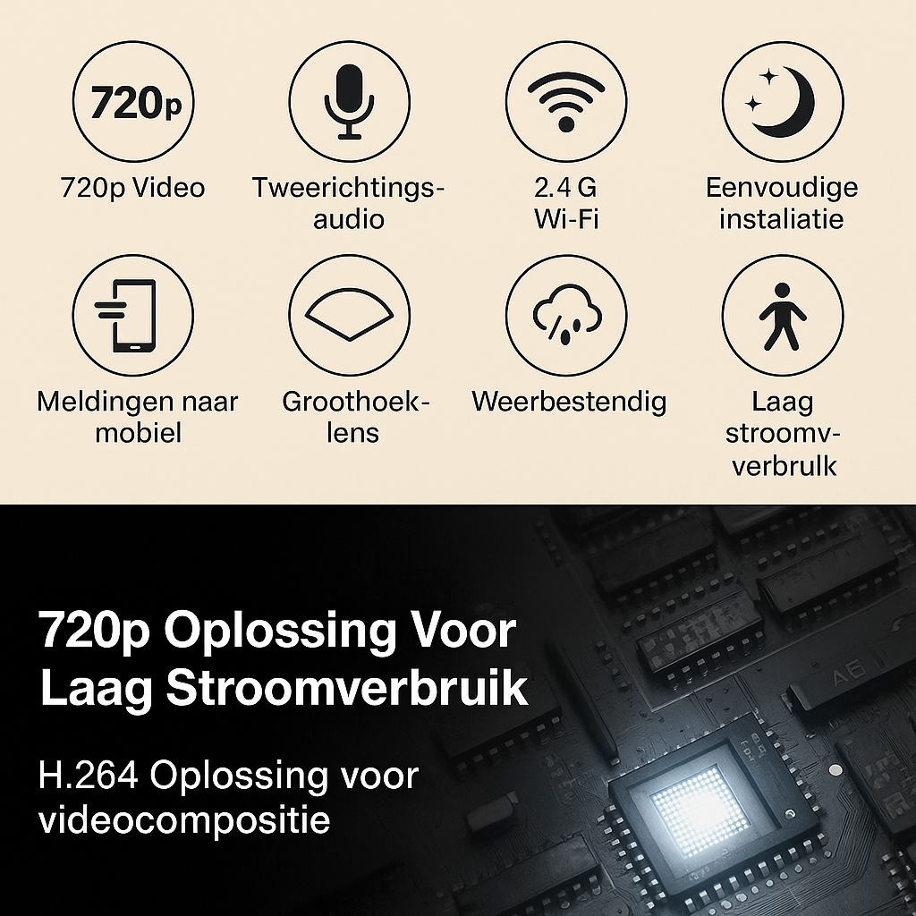 Infographic met Nederlandstalige iconen die de functies van een slimme deurbel tonen, zoals 720p video, tweewegs-audio, 2.4G Wi-Fi, nachtzicht, eenvoudige installatie, mobiele meldingen, groothoeklens, weersbestendigheid, bewegingsdetectie en laag energieverbruik.