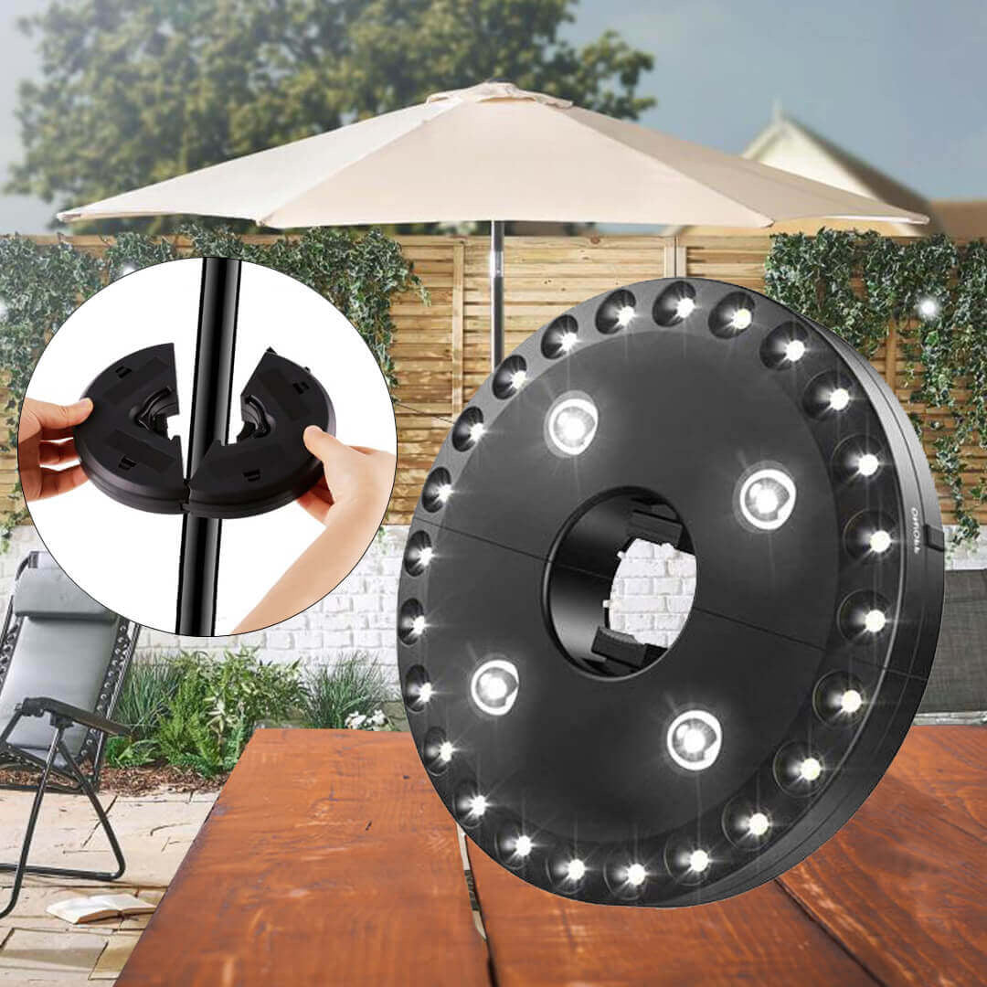 Zwarte ronde LED-lamp met 28 heldere lichtpunten, gemonteerd aan een parasolstang op een houten tuintafel – montageproces weergegeven in detailcirkel, in zomerse setting volgens The Gadget Vault-stijl.