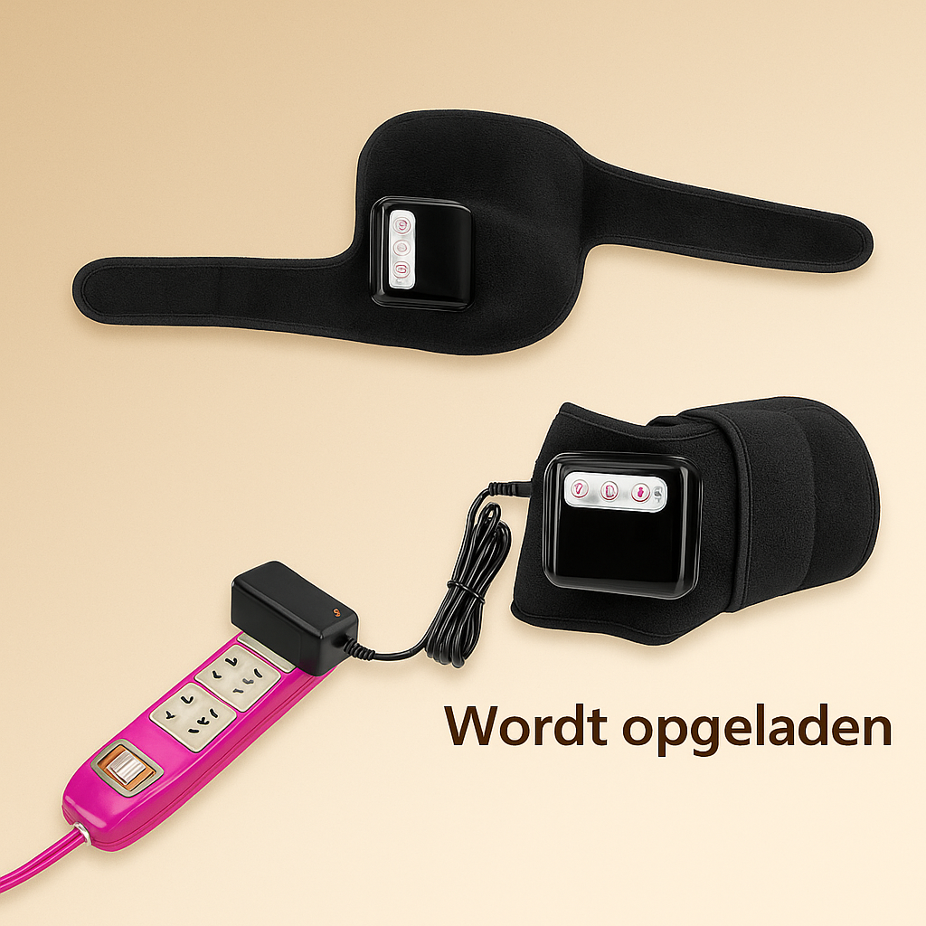 Zwarte elektrische knie-massager in twee posities: plat uitgevouwen en rond bevestigd. Op de voorgrond een roze stekkerdoos met aangesloten adapter. Op het scherm staat in het Nederlands “Wordt opgeladen”, weergegeven tegen een warme beige achtergrond.