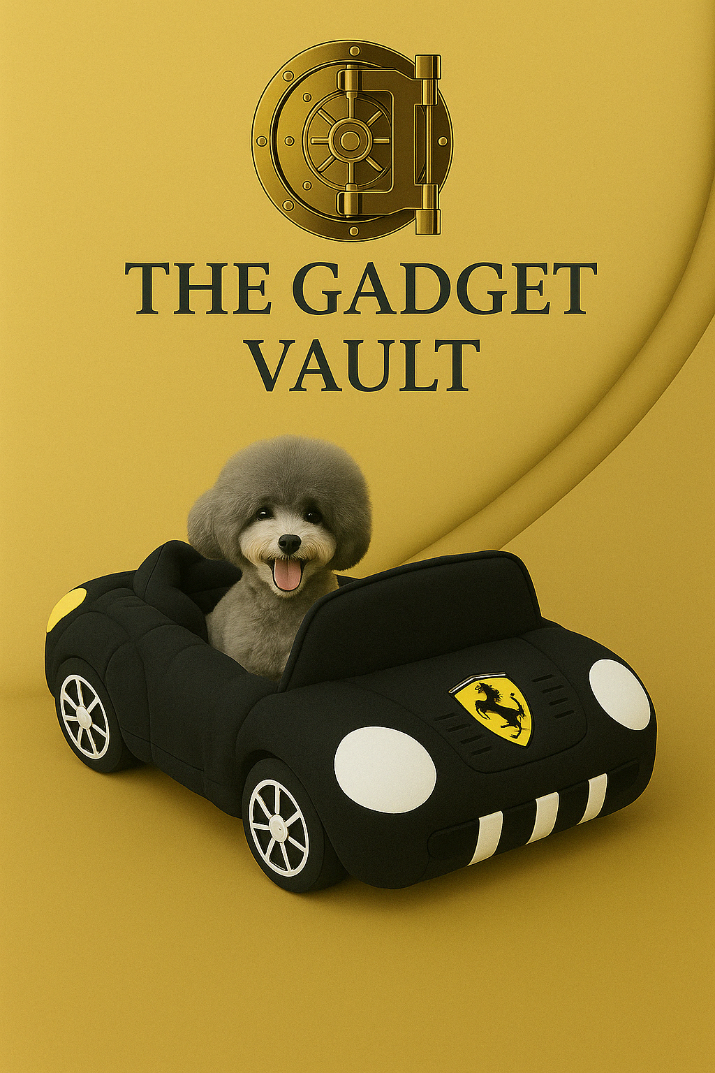 Grijze poedel in een zwart autosport-vormig hondenbed, gepresenteerd tegen een goudgele achtergrond met het logo van The Gadget Vault erboven.