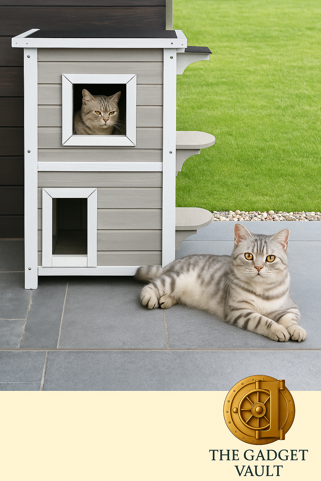 Grijze en witte houten kattenvilla met twee verdiepingen en zwarte dakbedekking, geplaatst buiten op een terras met gras op de achtergrond. Een grijze kat kijkt uit het bovenste raam, terwijl een liggende kat ontspant voor de villa. Het gouden kluislogo van The Gadget Vault is subtiel zichtbaar.”