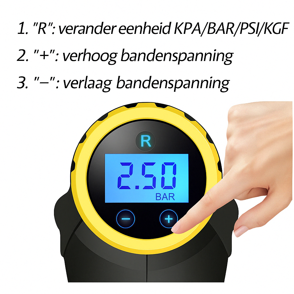 Detailweergave van het digitale display van een draagbare luchtcompressor, met een vinger die op de “+”-knop drukt om de bandenspanning te verhogen. Het scherm toont 2.50 BAR en geeft de verschillende functies weer zoals modus wisselen (KPS/BAR/PSI/KGF), verhogen en verlagen van druk.