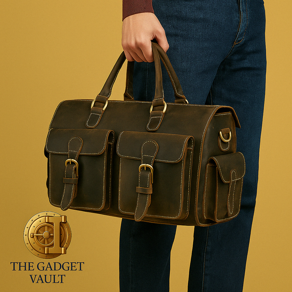 Man draagt een vintage weekendtas van Crazy Horse-leer met dubbele voorzakken en stevige handgrepen, gepresenteerd tegen een goudgele achtergrond. Het logo van The Gadget Vault is subtiel zichtbaar linksonder.