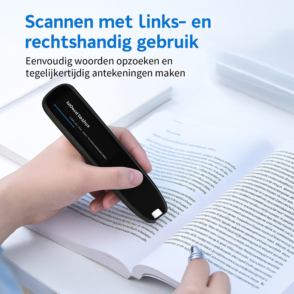 Persoon gebruikt een slimme vertaalpen om tekst uit een boek te scannen, terwijl hij met de andere hand aantekeningen maakt in een schrift – ideaal voor linkshandig en rechtshandig gebruik.