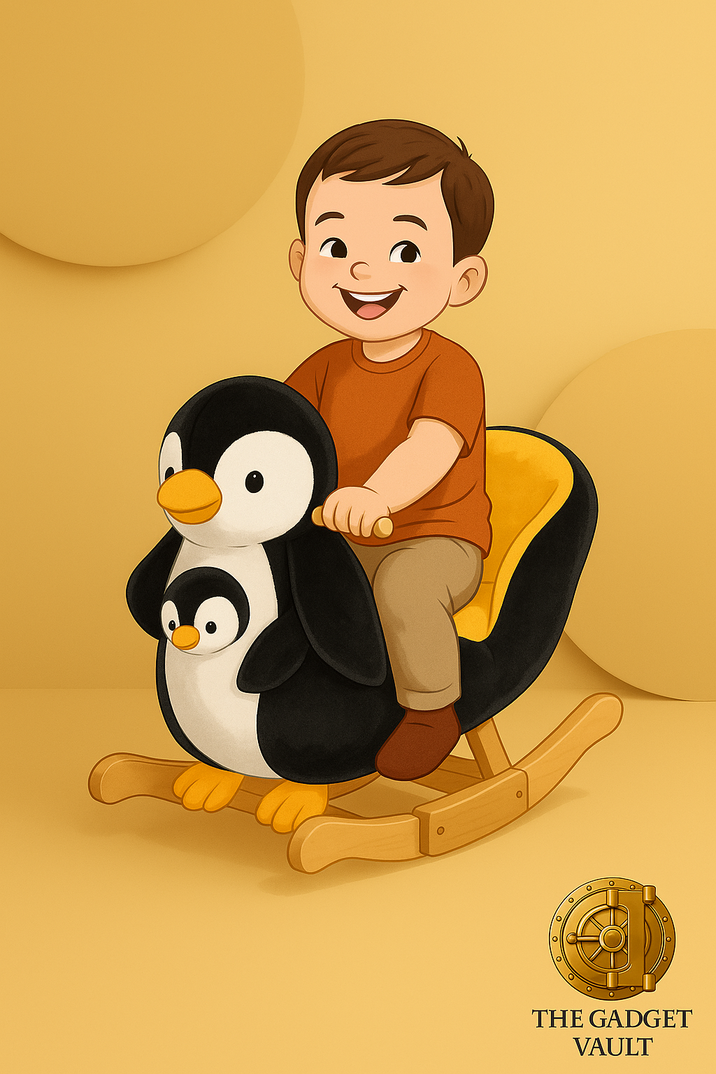 Illustratie van een lachend jongetje op een pluche pinguïn schommelstoel, met een zachte geel-beige achtergrond en het gouden logo van The Gadget Vault rechtsonder.