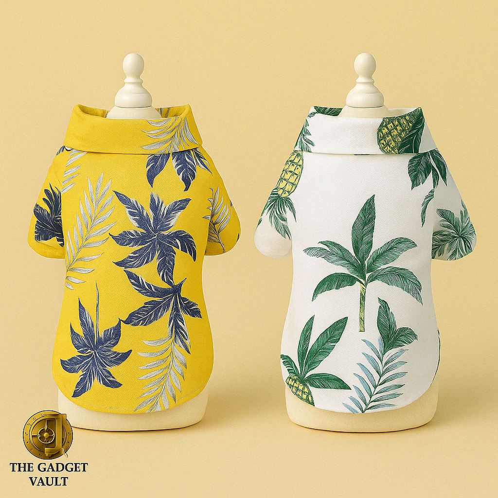 Twee luxe Hawaïshirts voor honden in geel en wit met tropische print, elegant gepresenteerd op etalagepoppen met beige achtergrond en The Gadget Vault-logo linksonder.