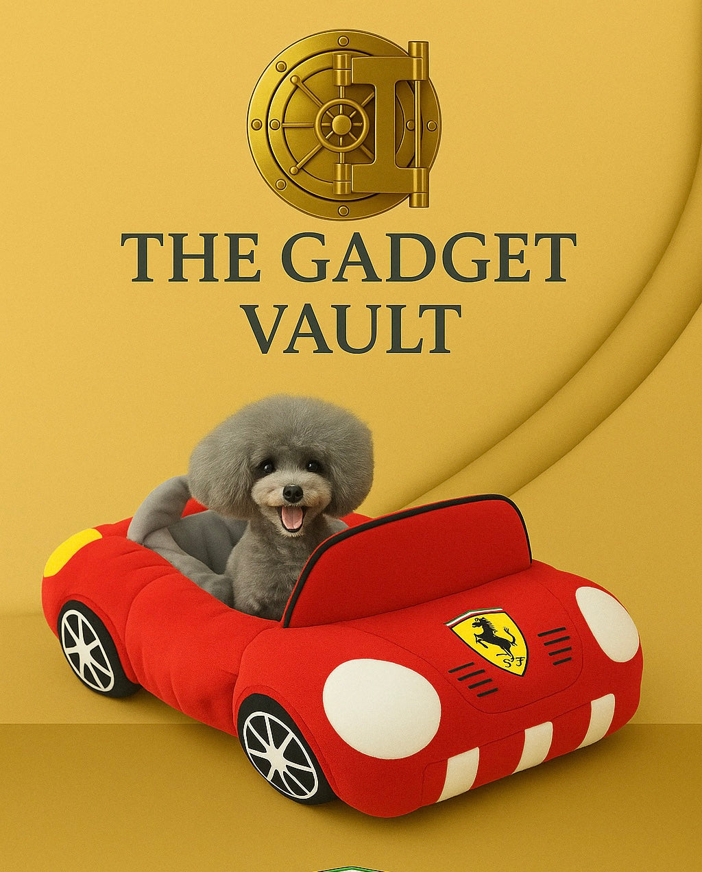 Grijze poedel in een rode autosport-vormige hondenmand, gepresenteerd op een goudgele achtergrond met het logo van The Gadget Vault erboven.