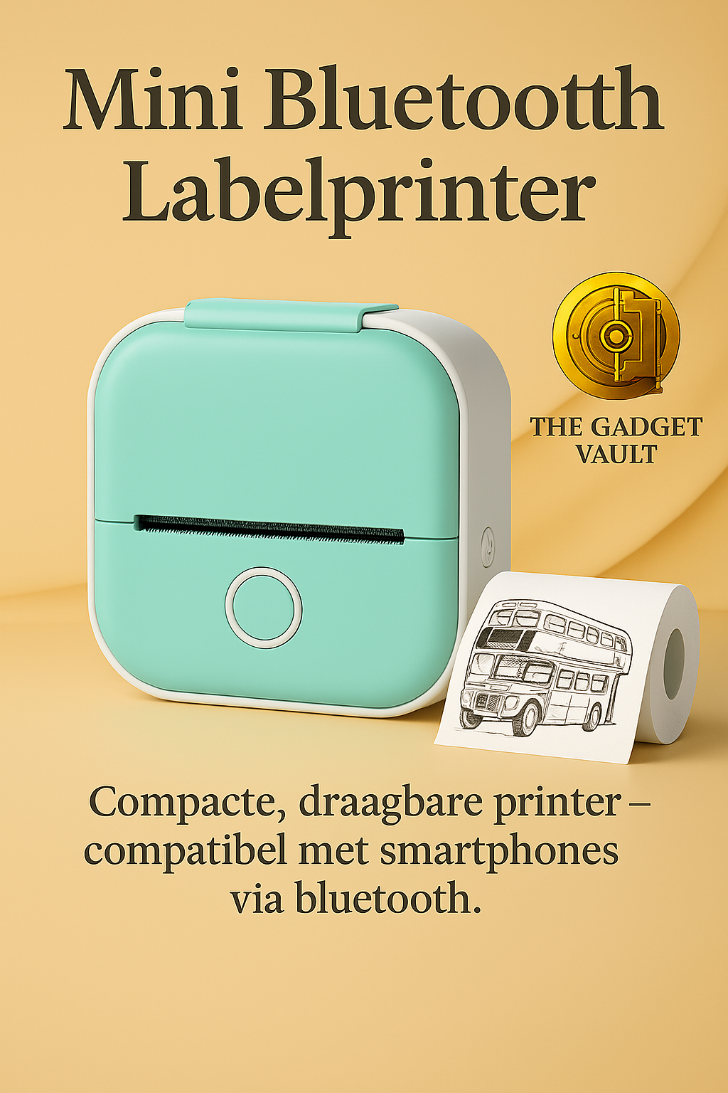 Digitale promotieafbeelding van een mintgroene Mini Bluetooth Labelprinter met thermische printtechnologie, vergezeld van een afgedrukte rol met een zwart-wit busillustratie. De stijlvolle visual is ontworpen in goud/beige brandingstijl van The Gadget Vault.