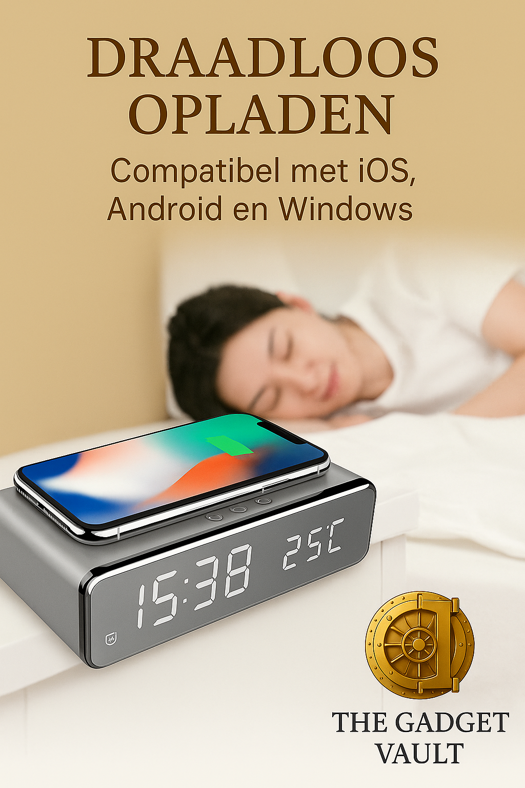 Digitale promotiefoto van een draadloze oplader met LED-spiegelklok en thermometer, geschikt voor iOS-, Android- en Windows-toestellen, getoond op een nachtkastje naast een slapende vrouw