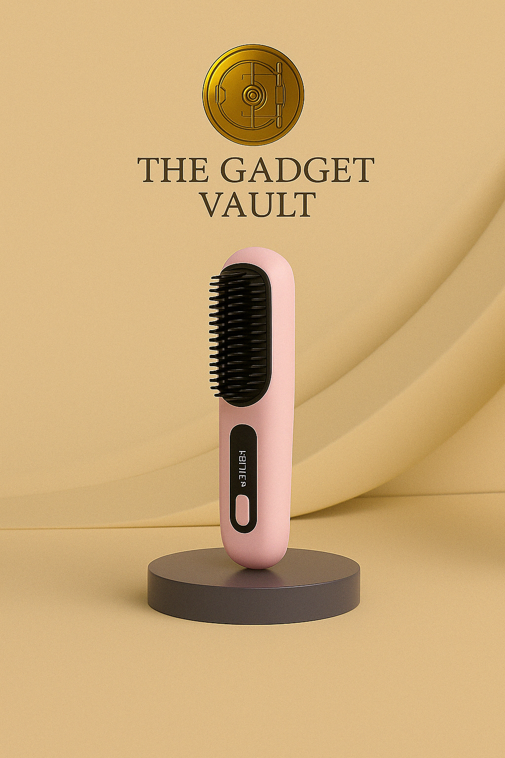 Roze draadloze 2-in-1 stijltangborstel met LCD-display, elegant gepresenteerd op een futuristische standaard in een paars verlichte omgeving.