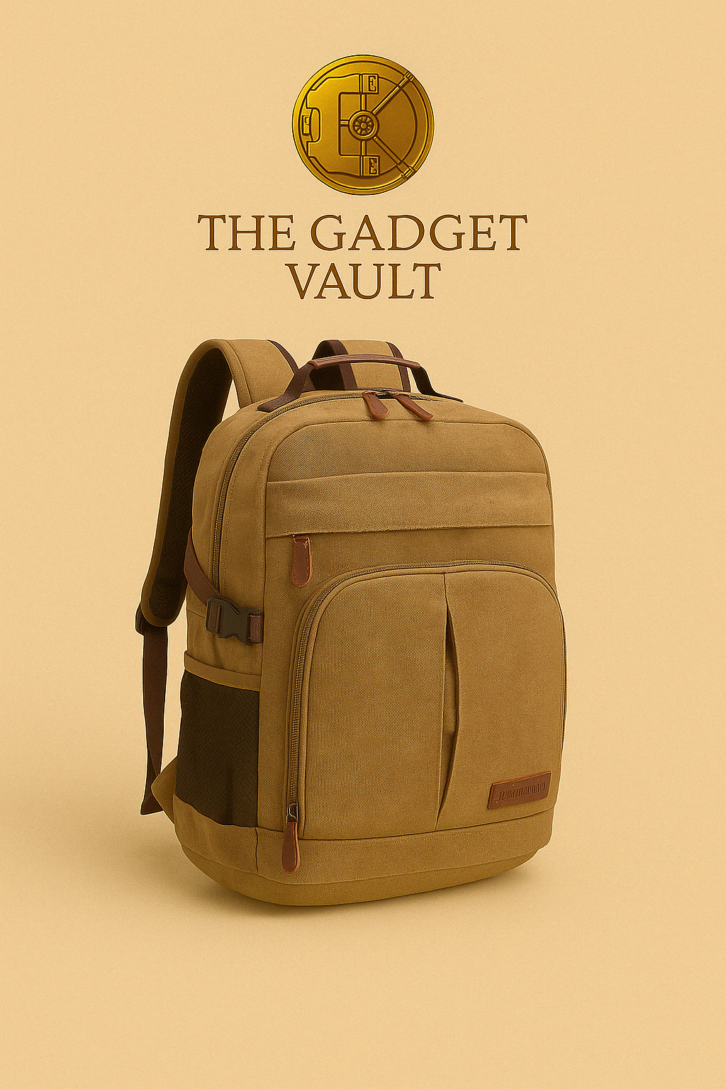 Khaki-kleurige canvas rugzak met lederen details, mesh zijvak en ruime compartimenten, elegant gepresenteerd op een beige achtergrond met het gouden kluislogo van The Gadget Vault.