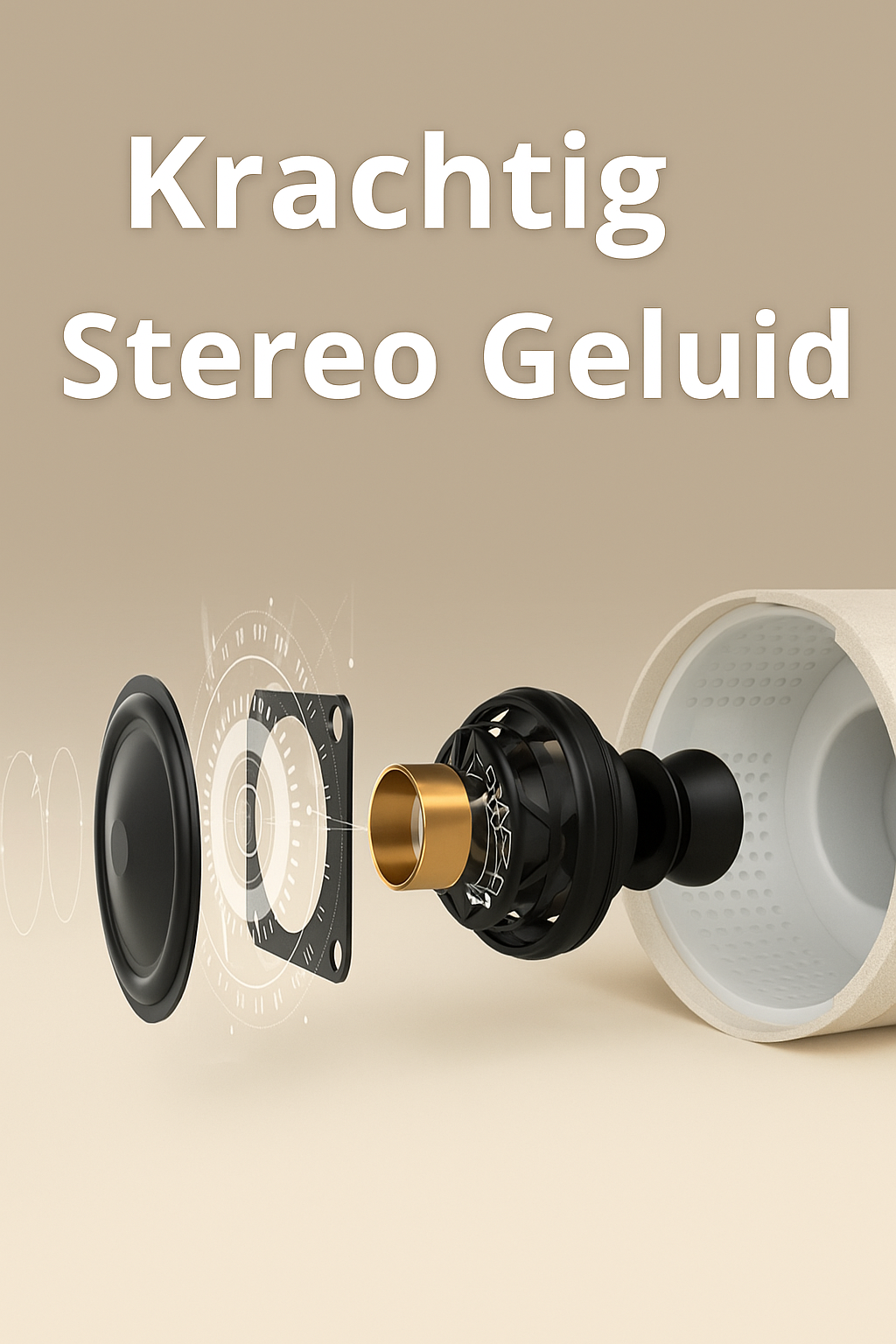 Close-up visualisatie van de interne componenten van de LumiDock™ speakerlamp, met nadruk op de krachtige stereogeluidstechnologie in een elegante behuizing.
